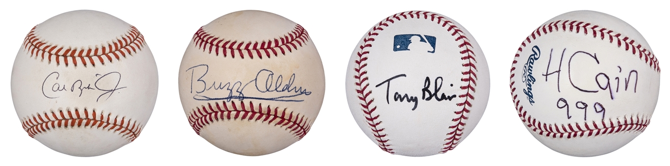 Lot of (4) Various Professions Single Signed Baseballs - Tony Blair, Herman Cain, Buzz Aldrin and Cal Ripken Jr. (Beckett)
